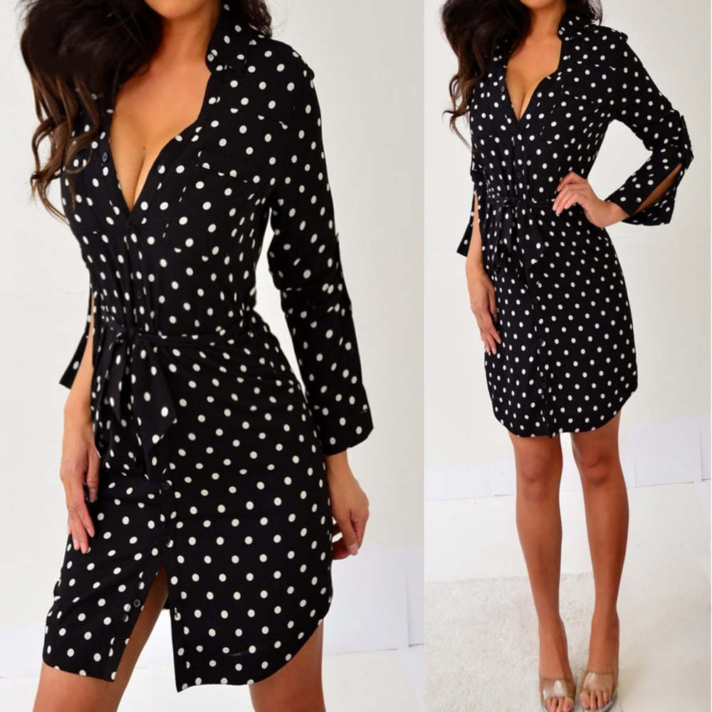 Express Black White Polka Dotted Shirt Dress XS